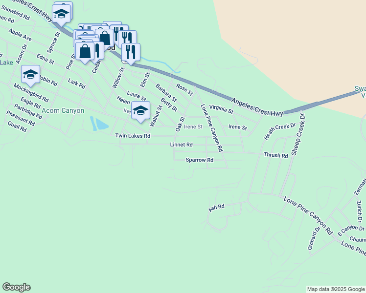 map of restaurants, bars, coffee shops, grocery stores, and more near 1649 Linnet Road in Wrightwood