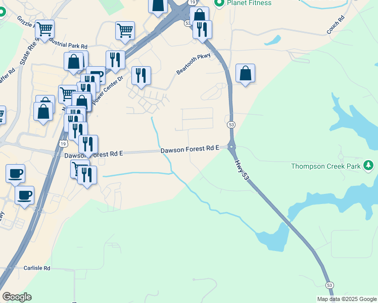 map of restaurants, bars, coffee shops, grocery stores, and more near 786 Parker Forest Drive in Dawsonville