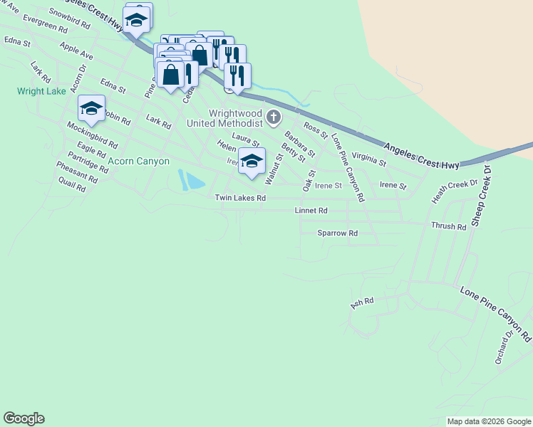 map of restaurants, bars, coffee shops, grocery stores, and more near 1523 Linnet Road in Wrightwood