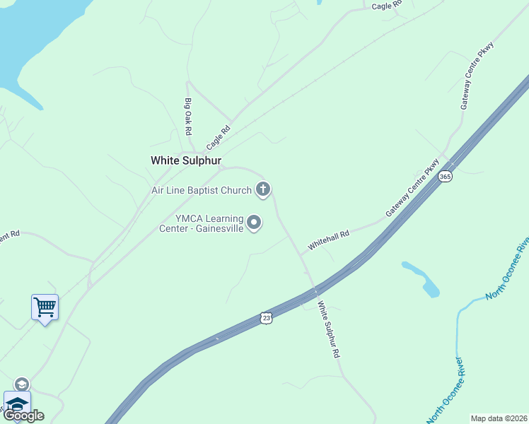 map of restaurants, bars, coffee shops, grocery stores, and more near 3368 White Sulphur Road in Gainesville