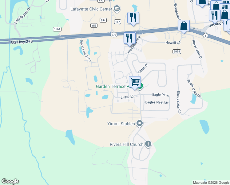 map of restaurants, bars, coffee shops, grocery stores, and more near 126 Chinkapin Loop in Oxford