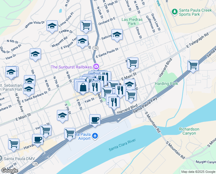 map of restaurants, bars, coffee shops, grocery stores, and more near in Santa Paula