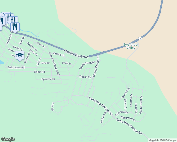 map of restaurants, bars, coffee shops, grocery stores, and more near 5698 Dogwood Road in San Bernardino