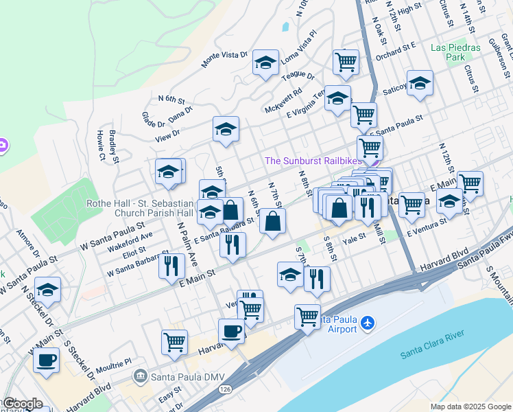 map of restaurants, bars, coffee shops, grocery stores, and more near 235 North 6th Street in Santa Paula