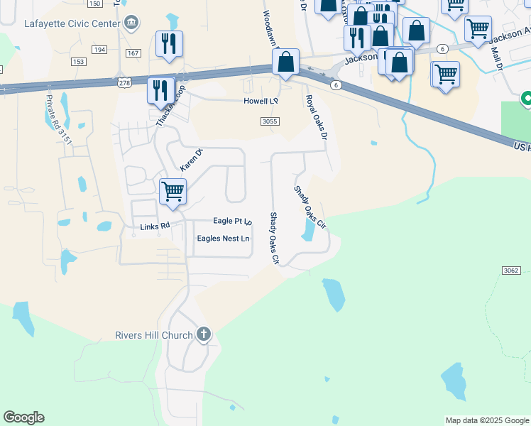 map of restaurants, bars, coffee shops, grocery stores, and more near 733 Shady Oaks Circle in Oxford