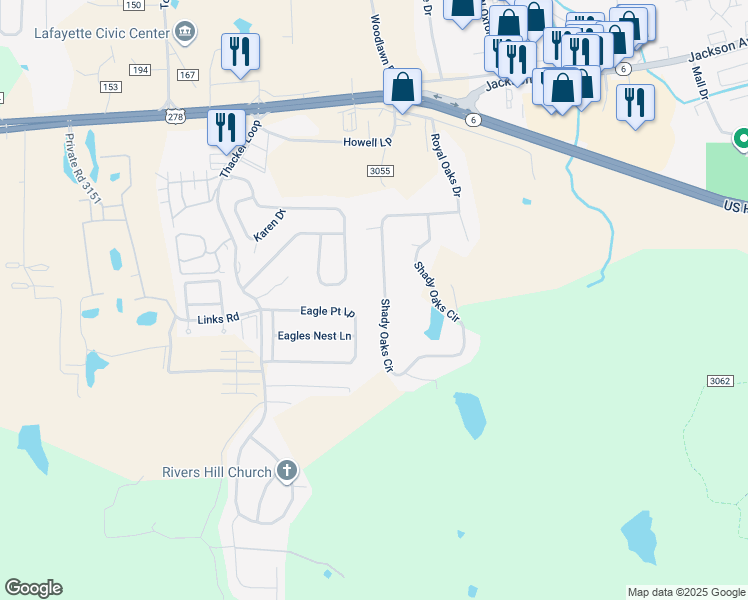 map of restaurants, bars, coffee shops, grocery stores, and more near 733 Shady Oaks Circle in Oxford