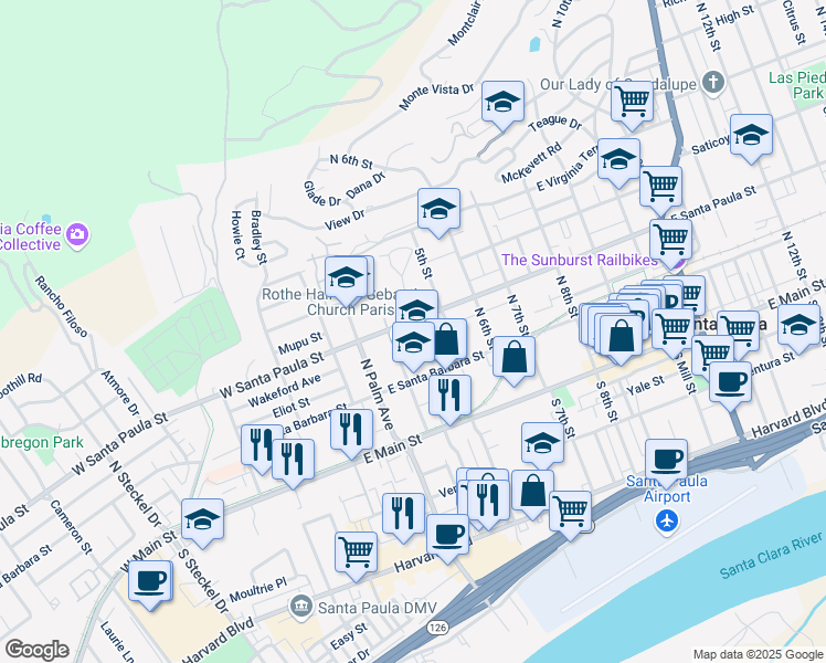 map of restaurants, bars, coffee shops, grocery stores, and more near in Santa Paula