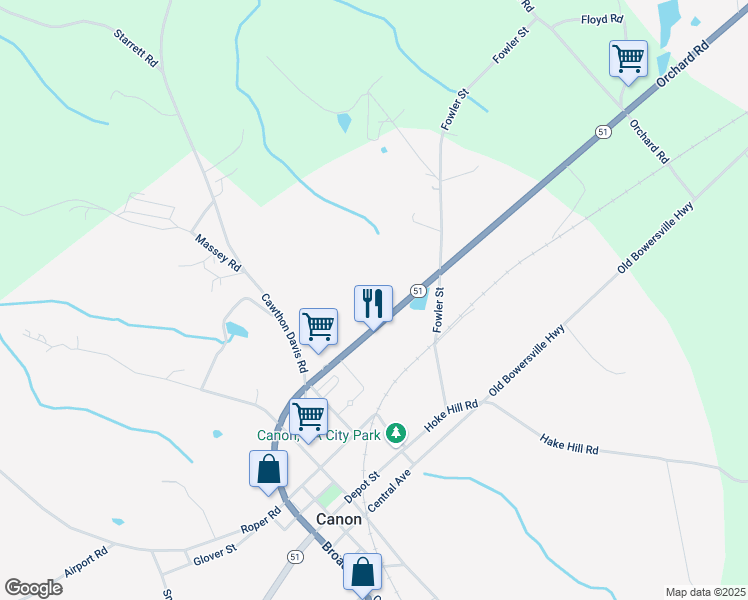 map of restaurants, bars, coffee shops, grocery stores, and more near 5865 Georgia 17 in Canon