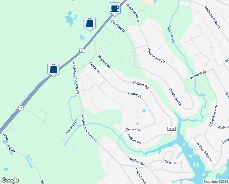 map of restaurants, bars, coffee shops, grocery stores, and more near 134 Center Drive in Hampstead
