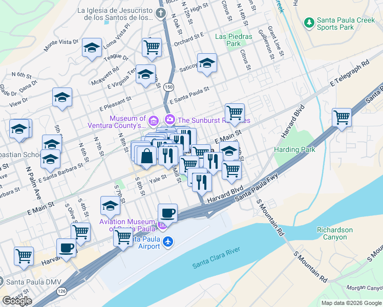map of restaurants, bars, coffee shops, grocery stores, and more near in Santa Paula