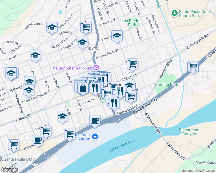map of restaurants, bars, coffee shops, grocery stores, and more near 1020 East Main Street in Santa Paula