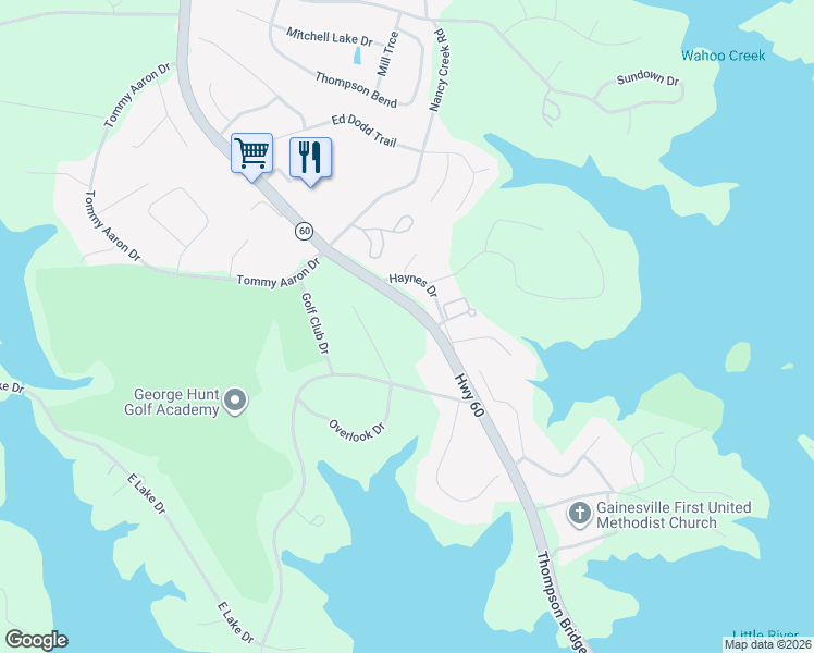 map of restaurants, bars, coffee shops, grocery stores, and more near 3197 Thompson Bridge Road in Gainesville