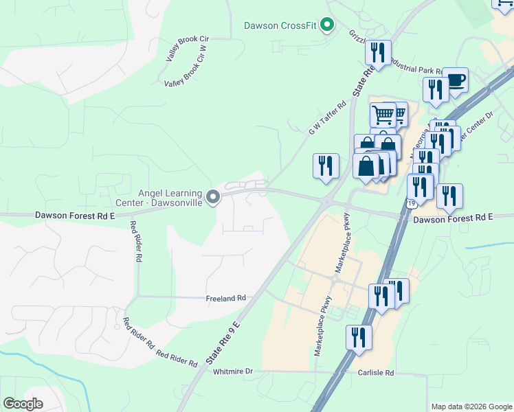 map of restaurants, bars, coffee shops, grocery stores, and more near 176 Evans Circle in Dawsonville