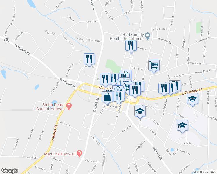 map of restaurants, bars, coffee shops, grocery stores, and more near 100 Jackson Street in Hartwell