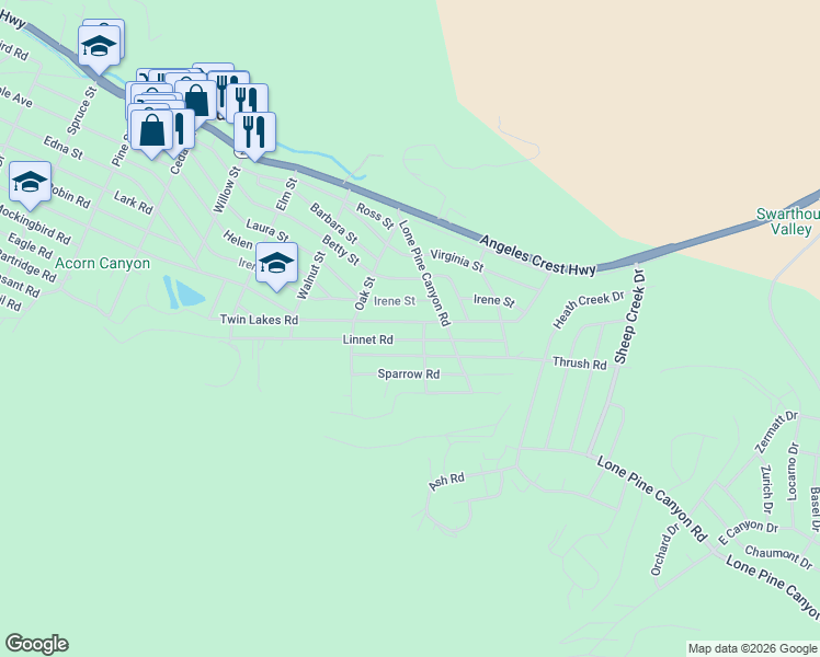map of restaurants, bars, coffee shops, grocery stores, and more near 1713 Twin Lakes Road in Wrightwood