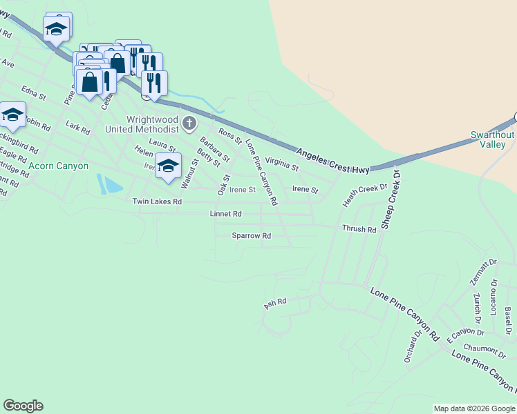 map of restaurants, bars, coffee shops, grocery stores, and more near 1714 Twin Lakes Road in Wrightwood