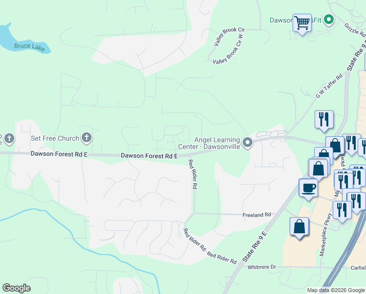 map of restaurants, bars, coffee shops, grocery stores, and more near 48 Riley Circle in Dawsonville