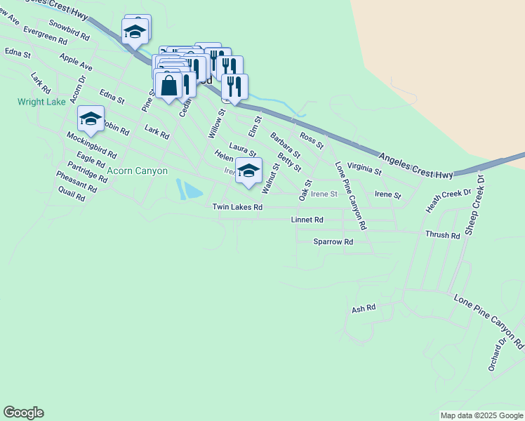 map of restaurants, bars, coffee shops, grocery stores, and more near 1513 Twin Lakes Road in Wrightwood