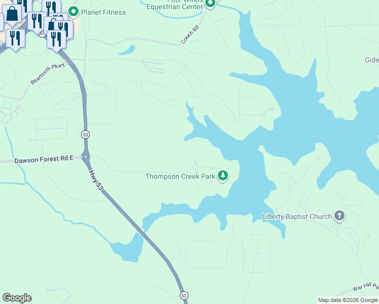map of restaurants, bars, coffee shops, grocery stores, and more near 29 Christopher Lane in Dawsonville