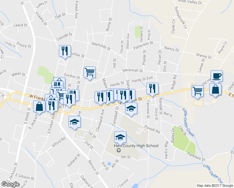 map of restaurants, bars, coffee shops, grocery stores, and more near East Johnson Street in Hartwell