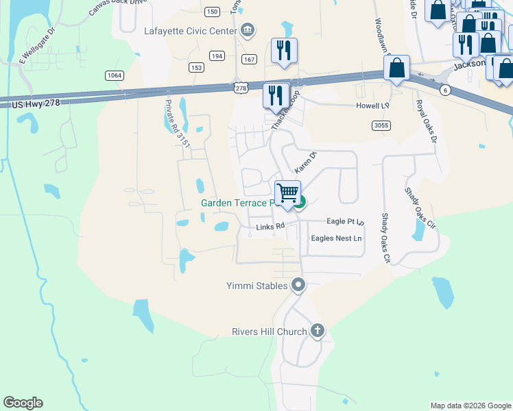 map of restaurants, bars, coffee shops, grocery stores, and more near 121 Chinkapin Loop in Oxford