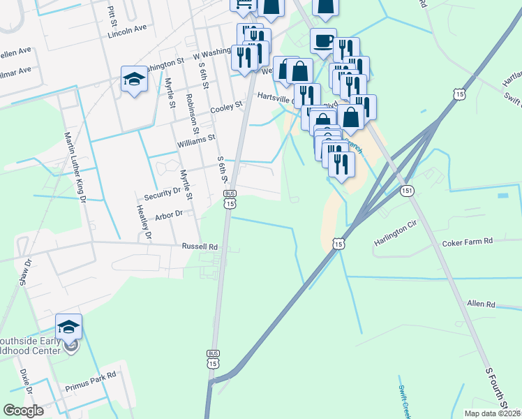 map of restaurants, bars, coffee shops, grocery stores, and more near 1403 South 5th Street in Hartsville