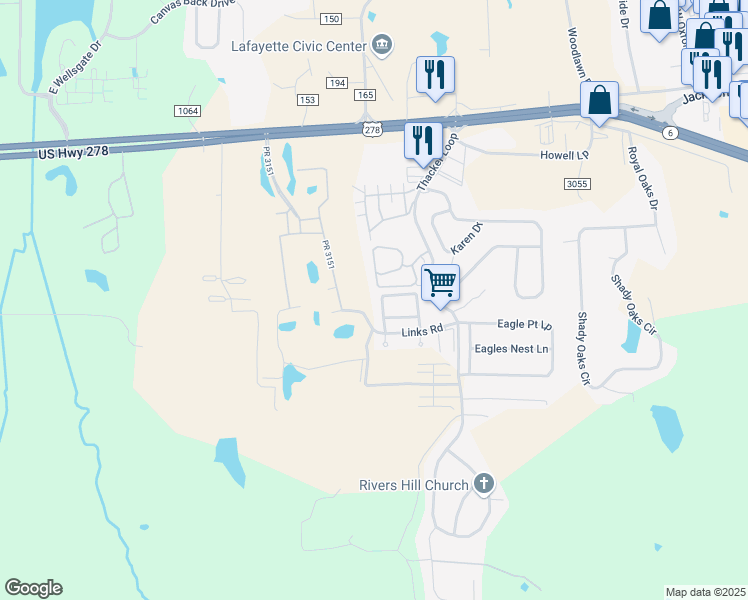 map of restaurants, bars, coffee shops, grocery stores, and more near 126 Chinkapin Loop in Oxford