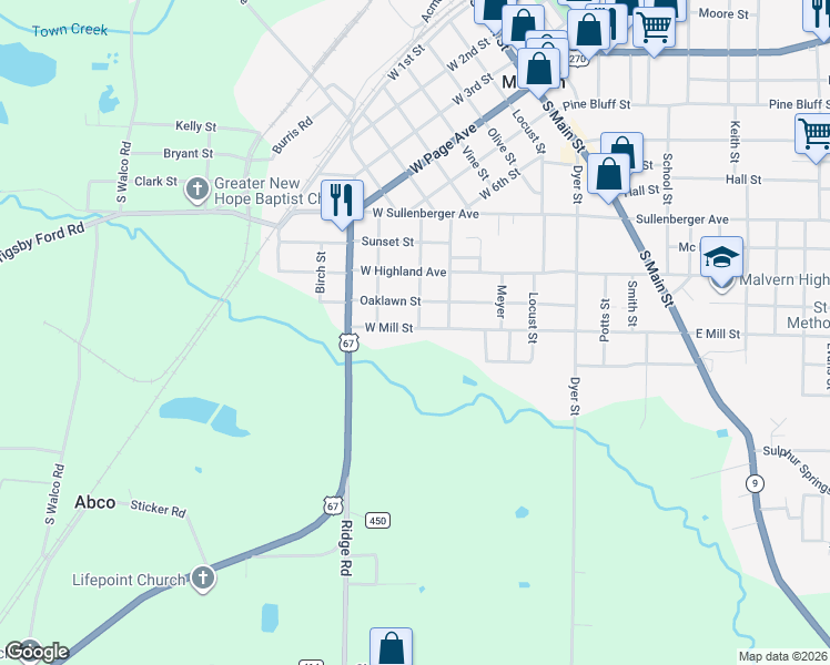 map of restaurants, bars, coffee shops, grocery stores, and more near 501 West Mill Street in Malvern