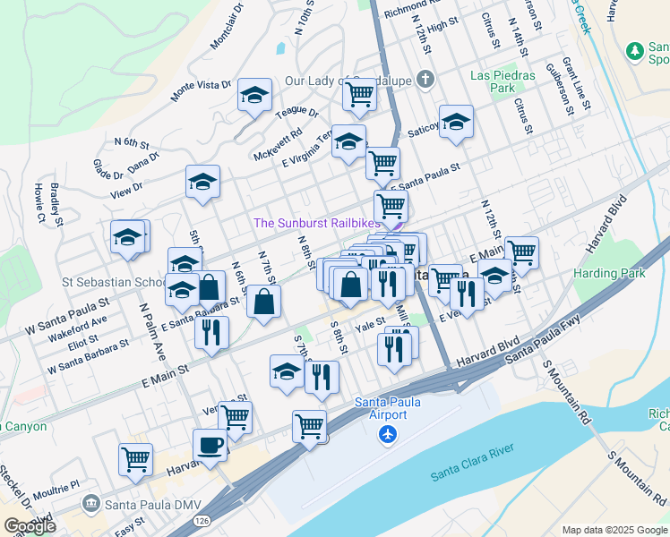 map of restaurants, bars, coffee shops, grocery stores, and more near 822 East Santa Barbara Street in Santa Paula