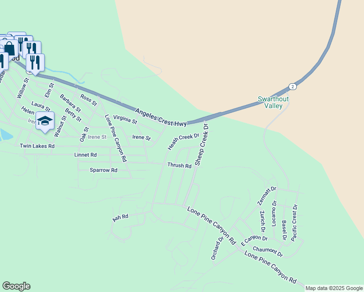 map of restaurants, bars, coffee shops, grocery stores, and more near 5726 Lodgepole Drive in Wrightwood