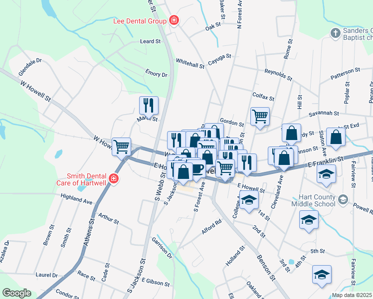 map of restaurants, bars, coffee shops, grocery stores, and more near 100 Jackson Street in Hartwell