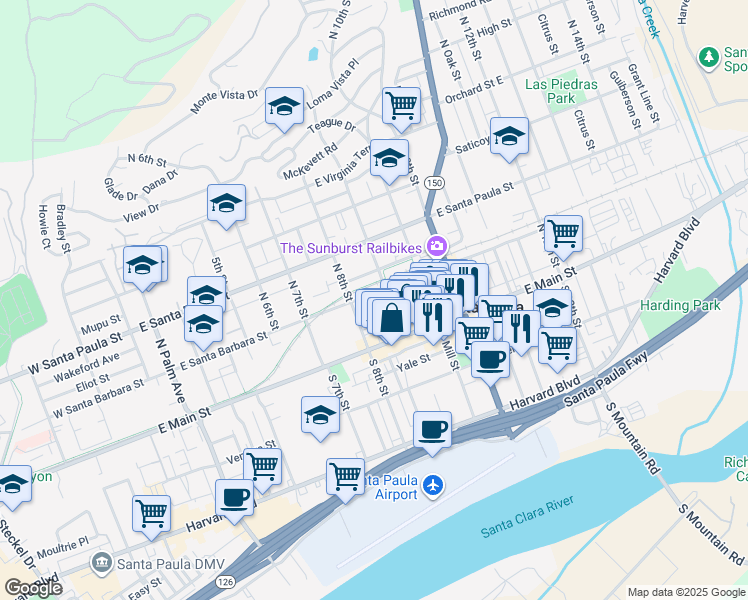 map of restaurants, bars, coffee shops, grocery stores, and more near 820 East Santa Barbara Street in Santa Paula