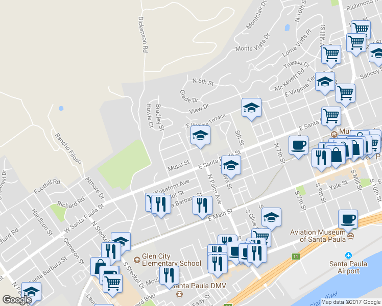 map of restaurants, bars, coffee shops, grocery stores, and more near 325 Blanchard Avenue in Santa Paula