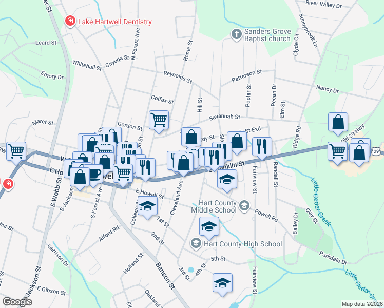 map of restaurants, bars, coffee shops, grocery stores, and more near 415 East Johnson Street in Hartwell