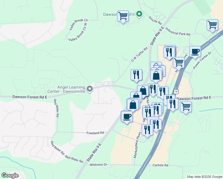 map of restaurants, bars, coffee shops, grocery stores, and more near 176 Evans Circle in Dawsonville