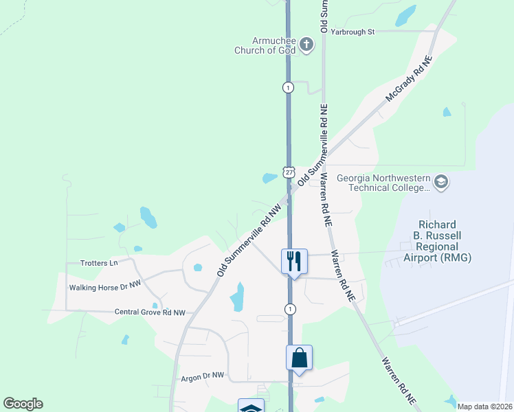 map of restaurants, bars, coffee shops, grocery stores, and more near 5 Stonegable Drive Northwest in Rome