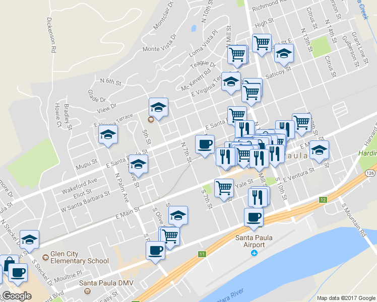 map of restaurants, bars, coffee shops, grocery stores, and more near 217 North 7th Street in Santa Paula