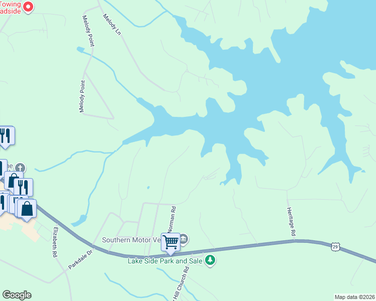 map of restaurants, bars, coffee shops, grocery stores, and more near 300 Black Point Drive in Hartwell