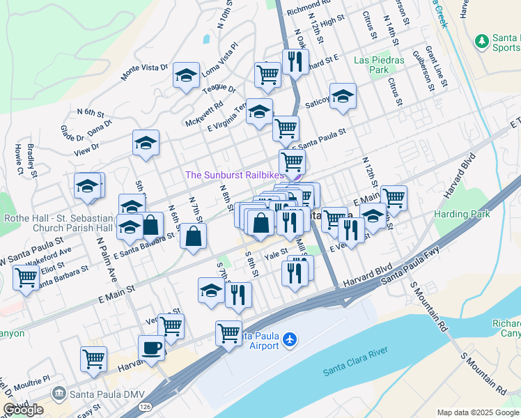 map of restaurants, bars, coffee shops, grocery stores, and more near 134 North Mill Street in Santa Paula