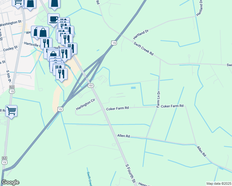 map of restaurants, bars, coffee shops, grocery stores, and more near 780 Tailwind Lane in Hartsville