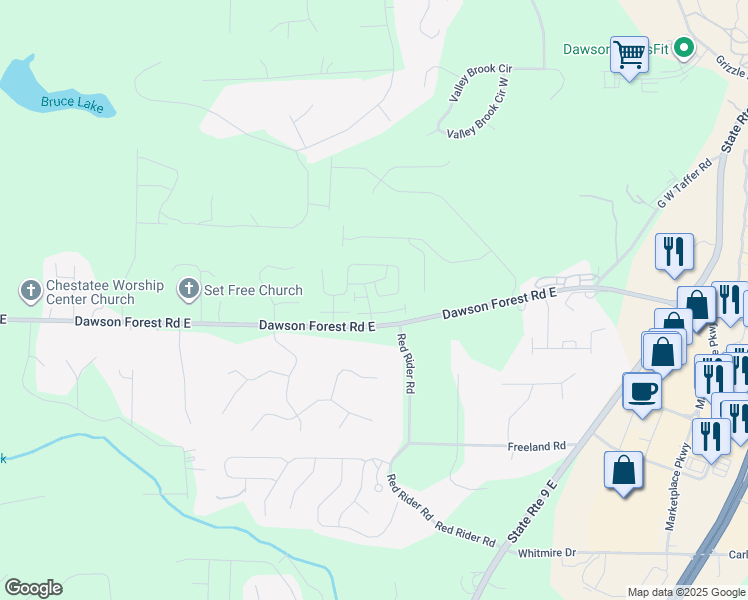 map of restaurants, bars, coffee shops, grocery stores, and more near 48 Riley Circle in Dawsonville