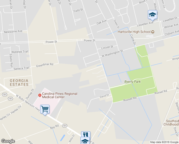 map of restaurants, bars, coffee shops, grocery stores, and more near 1017 Miller Terrace in Hartsville