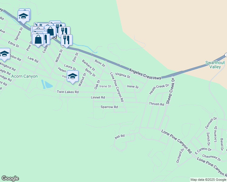 map of restaurants, bars, coffee shops, grocery stores, and more near 1742 Twin Lakes Road in Wrightwood