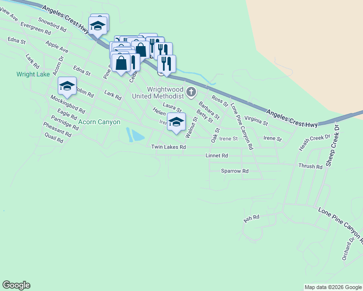 map of restaurants, bars, coffee shops, grocery stores, and more near 1532 Twin Lakes Road in Wrightwood