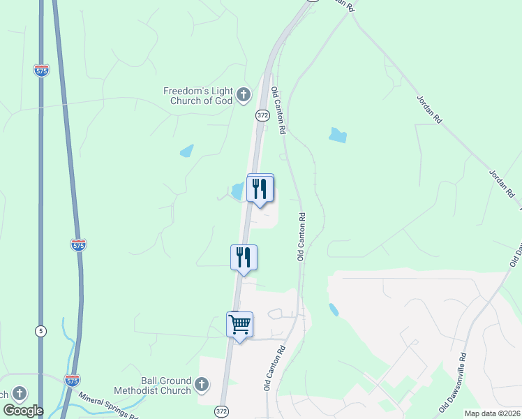 map of restaurants, bars, coffee shops, grocery stores, and more near 10150 Ball Ground Highway in Ball Ground