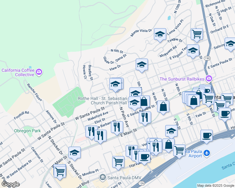 map of restaurants, bars, coffee shops, grocery stores, and more near 333 North Palm Avenue in Santa Paula