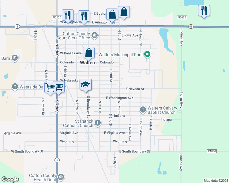 map of restaurants, bars, coffee shops, grocery stores, and more near 312 East Nevada Street in Walters