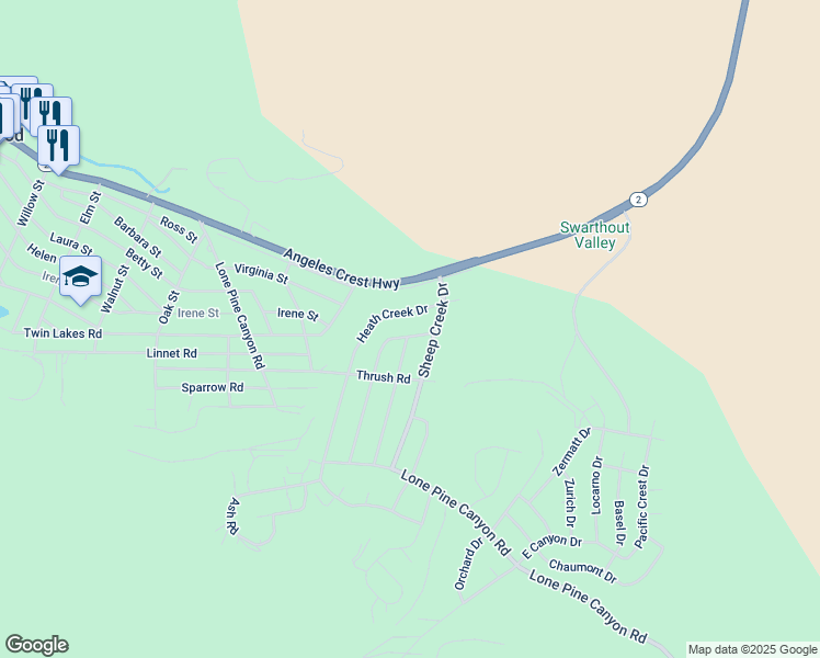 map of restaurants, bars, coffee shops, grocery stores, and more near 5746 Lodgepole Drive in Wrightwood