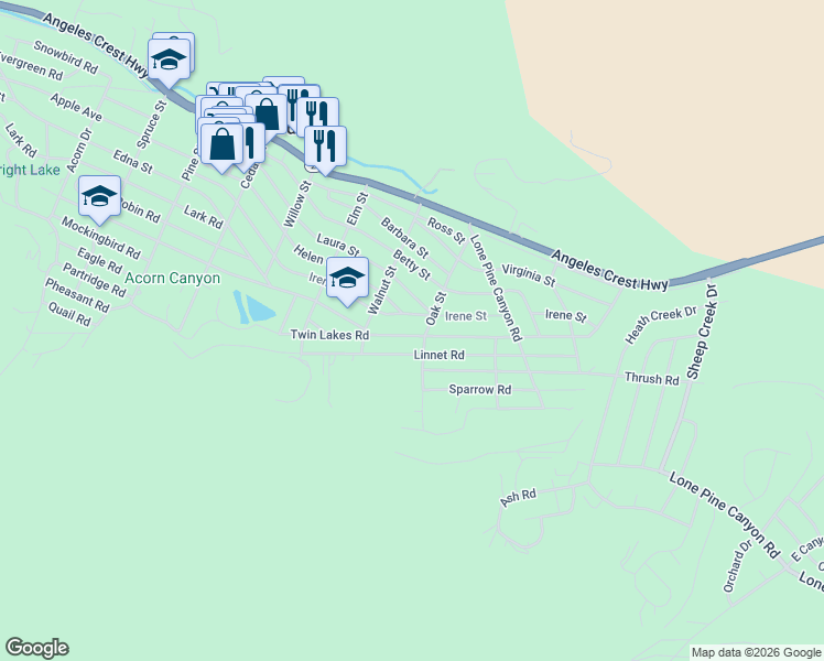 map of restaurants, bars, coffee shops, grocery stores, and more near 1594 Twin Lakes Road in Wrightwood