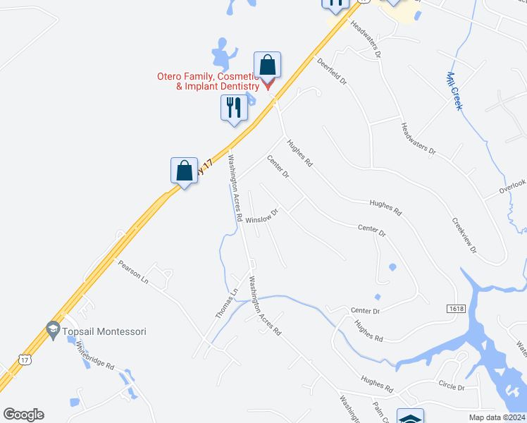map of restaurants, bars, coffee shops, grocery stores, and more near 68 Winslow Drive in Hampstead